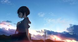  1girl absurdres backlighting bag blurry bob_cut clouds cowboy_shot dark depth_of_field highres huge_filesize midriff mifuru original outdoors profile scenery school_bag school_uniform serafuku serious short_hair short_sleeves sky solo sunlight traffic_light twilight walking wind 