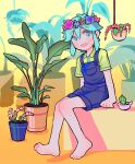  1boy barefoot basil_(omori) blue_eyes blue_hair cactus flower flower flower_ring looking_away male open_mouth potted_plant sitting solo 