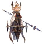  1boy blue_eyes boots cape facial_hair facial_mark floating forehead_mark gloves granblue_fantasy harvin long_hair looking_at_viewer male_focus mustache official_art orange_hair pointy_ears polearm ponytail solo sparkle spear standing transparent_background uno_(granblue_fantasy) weapon 