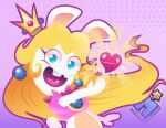  :d animal_ears artist_name blonde_hair blue_eyes commentary crown earrings english_commentary jewelry long_hair looking_at_viewer super_mario_bros. mario_+_rabbids_kingdom_battle open_mouth rabbid rabbid_peach rabbit_ears rabbit_tail raving_rabbids smile star_(symbol) tail 