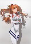 1girl blue_eyes breasts covered_navel evangelion:_3.0+1.0_thrice_upon_a_time eyepatch fadingz gloves grey_background highres light_smile long_hair looking_at_viewer medium_breasts neon_genesis_evangelion orange_hair parted_lips pixiv_id plugsuit rebuild_of_evangelion signature solo souryuu_asuka_langley standing thighs white_gloves 