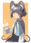  1girl absurdres animal_ears black_dress blue_capelet border capelet closed_mouth cup dress grey_hair highres holding holding_cup jitome long_sleeves looking_at_viewer mouse_ears mouse_tail nazrin red_eyes reiga_(act000) short_hair solo tail touhou white_border yellow_background 