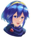  1girl :d bangs blue_eyes blue_hair cropped_shoulders emblem eyebrows_visible_through_hair fire_emblem fire_emblem_awakening hair_ornament head hirotaka_(hrtk990203) looking_at_viewer lucina_(fire_emblem) open_mouth shiny shiny_hair short_hair sidelocks smile tiara upper_teeth white_background 