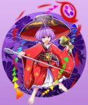  1girl :d ahoge aospanking bangs barefoot black_headwear bowl bowl_hat full_body hammer hat holding holding_hammer holding_sword holding_weapon japanese_clothes kimono long_sleeves looking_at_viewer miracle_mallet needle_sword open_mouth purple_background purple_hair rainbow_gradient red_kimono sash short_hair smile standing sukuna_shinmyoumaru sword touhou v-shaped_eyebrows violet_eyes weapon wide_sleeves 