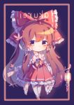  1girl absurdres amulet artist_name bangs blush bow bowtie brown_hair chibi closed_mouth collar detached_sleeves dress eyebrows_visible_through_hair frills full_body hair_between_eyes hair_ornament hair_tubes hakurei_reimu highres light long_hair long_sleeves looking_at_viewer pantyhose purple_background red_bow red_dress red_footwear shadow shoes solo standing touhou very_long_hair white_legwear wide_sleeves yellow_bow yellow_eyes yellow_neckwear zhi_xixi 