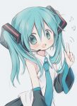  1girl :d absurdres bangs bare_shoulders beamed_eighth_notes black_skirt black_sleeves blue_eyes blue_hair blue_neckwear blush collared_shirt eighth_note eyebrows_visible_through_hair grey_background hair_between_eyes hand_up hatsune_miku headphones headset highres hitode index_finger_raised long_hair long_sleeves looking_at_viewer musical_note necktie open_mouth pleated_skirt shirt simple_background skirt sleeveless sleeveless_shirt smile solo twintails vocaloid white_shirt wide_sleeves 