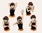  1boy arms_up black_hair blush crossed_arms hairband highres ino_matome jojo_no_kimyou_na_bouken male_focus narancia_ghirga open_mouth short_hair simple_background smile solo solo_focus tongue tongue_out upper_body vento_aureo 
