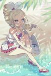  1girl alternate_costume alternate_hairstyle bare_legs beatrice_(re:zero) blonde_hair blue_eyes blush character_print commentary_request drill_ponytail eyelashes floating_hair full_body hair_ribbon highres long_hair looking_at_viewer parupin puck_(re:zero) re:zero_kara_hajimeru_isekai_seikatsu ribbon sand sandals shore sidelocks sitting solo swimsuit symbol-shaped_pupils toes water white_ribbon white_swimsuit 