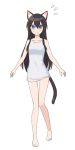  1girl absurdres animal_ears bare_arms bare_legs bare_shoulders barefoot blue_eyes blush brown_hair cat_ears cat_tail closed_mouth covered_navel dot_nose flying_sweatdrops hair_between_eyes highres knees_together_feet_apart long_hair looking_at_viewer mao_lian_(nekokao) naked_shirt original shirt simple_background sleeveless sleeveless_shirt solo standing tail thigh_gap white_background white_shirt 