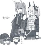  1boy 3girls animal_ears arknights ash_(rainbow_six_siege) bangs bare_shoulders blitz_(rainbow_six_siege) check_translation crossover dragon_girl dragon_horns dragon_tail eyebrows_visible_through_hair fox_ears franka_(arknights) gloves greyscale hand_on_own_chin horns jacket jacket_on_shoulders kumamoto_aichi liskarm_(arknights) looking_at_another monochrome multiple_girls open_mouth ponytail rainbow_six_siege sketch smile sunglasses tail translation_request v-shaped_eyebrows white_background yuri 