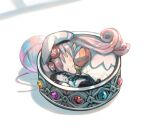  1girl :3 buttons cat closed_eyes curled_up fate/grand_order fate_(series) habetrot_(fate) hat jewelry long_hair lying on_side pink_hair ring romayasu sleeping twitter_username 