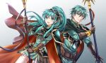  1boy 1girl blue_armor blue_eyes blue_hair blue_skirt brother_and_sister cape closed_mouth cosplay eirika_(fire_emblem) ephraim_(fire_emblem) ephraim_(fire_emblem)_(cosplay) fire_emblem fire_emblem:_the_sacred_stones fire_emblem_heroes gloves kakiko210 looking_at_viewer open_mouth polearm ponytail red_cape siblings skirt smile spear thigh-highs twins weapon 