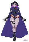  1girl artist_name ass_visible_through_thighs bangs blunt_bangs blunt_ends boots breasts choker covered_navel detached_sleeves earrings flying forehead_jewel full_body highres jewelry large_breasts leotard looking_at_viewer medium_breasts pentagram_earrings raven_(dc) shardanic simple_background solo teen_titans thigh_strap violet_eyes watermark white_background 