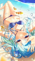  1girl air_bubble bangs bikini blue_bikini blue_eyes blue_hair bubble clownfish collarbone commentary_request crescent_necklace dega1028 eyebrows_visible_through_hair fish front-tie_top highres hololive hoshimachi_suisei jewelry long_hair looking_at_viewer navel necklace solo star_(symbol) star_in_eye swimsuit symbol_in_eye underwater virtual_youtuber water 