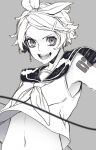  1girl :d absurdres grey_background greyscale hair_ornament hairband hairclip highres kagamine_rin looking_at_viewer monochrome navel neckerchief open_mouth reiga_(act000) school_uniform serafuku shirt short_hair shoulder_tattoo simple_background smile solo tattoo upper_body vocaloid 