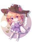  1girl bangs blonde_hair bow brown_headwear chibi closed_mouth dress eyebrows_visible_through_hair eyes_visible_through_hair flower frills gohei gradient gradient_background hair_between_eyes hand_up hat leaf long_sleeves looking_at_viewer moriya_suwako multicolored multicolored_background no_shoes pink_flower purple_background purple_dress red_bow shadow shirt short_hair solo thigh-highs touhou white_background white_legwear white_shirt wide_sleeves yellow_background yellow_eyes zhi_xixi 