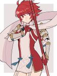  1girl ahoge armor blush closed_mouth do_m_kaeru dress eyebrows_visible_through_hair fire_emblem fire_emblem_fates gloves hinoka_(fire_emblem) holding holding_polearm holding_spear holding_weapon japanese_armor looking_at_viewer polearm red_eyes red_gloves redhead scarf serious short_dress short_hair shoulder_armor solo spear thighs weapon white_scarf 