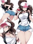  1girl ass baseball_cap black_vest blue_eyes breasts brown_hair clothes_pull denim denim_shorts duplicate exposed_pocket hand_on_hip hat high_ponytail highres hilda_(pokemon) holding holding_poke_ball jacket large_breasts leaning_forward looking_at_viewer looking_back multiple_views open_mouth pants pixel-perfect_duplicate poke_ball poke_ball_(basic) pokemon pokemon_(game) pokemon_bw ponytail shimure_(460) shirt shirt_pull short_shorts shorts sidelocks simple_background sleeveless sleeveless_shirt t-shirt thick_thighs thighs torn_clothes torn_pants vest white_background white_shirt wide_hips wristband 