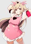  1girl absurdres bandaged_wrist blonde_hair cowboy_shot dress grey_background hair_ornament hands_up hat heart highres looking_at_viewer natori_sana nurse nurse_cap pink_dress puffy_short_sleeves puffy_sleeves red_eyes reiga_(act000) sana_channel shirt short_dress short_sleeves simple_background smile solo standing thigh-highs two_side_up white_legwear white_shirt 
