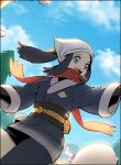  1girl :d akari_(pokemon_legends:_arceus) black_hair black_legwear black_undershirt clouds commentary_request day eyelashes floating_hair floating_scarf grey_eyes head_scarf jacket long_hair open_mouth outdoors outstretched_arm pantyhose pokemon pokemon_(creature) pokemon_(game) pokemon_legends:_arceus ponytail pouch raine_(acke2445) red_scarf riding riding_pokemon sash scarf sidelocks sky smile teeth tongue white_headwear wyrdeer 