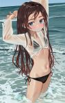  1girl bikini blue_eyes blush brown_hair closed_mouth elisia_valfelto highres long_hair looking_at_viewer luicent ocean original revision see-through shirt solo swimsuit wet wet_clothes wet_shirt white_shirt 