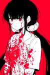  1girl bangs black_hair blood blood_on_clothes blood_on_face closed_mouth collarbone commentary_request dangan_ronpa_(series) dangan_ronpa_v3:_killing_harmony hair_ornament hair_scrunchie harukawa_maki high_contrast highres long_hair low_twintails red_background red_eyes red_theme scrunchie shirt simple_background solo suurin_(ksyaro) tearing_up twintails upper_body 