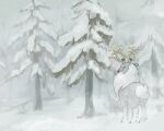  animal_focus black_eyes bright_pupils commentary_request highres looking_back mame_sparrow no_humans outdoors pokemon pokemon_(creature) snow solo standing tree white_pupils wyrdeer 