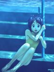  1girl :d air_bubble artist_name bad_id bangs blue_eyes blue_hair blue_theme bob_cut bubble dated feet floating holding_railing knees_up looking_at_viewer love_hina maehara_shinobu one-piece_swimsuit open_mouth pool railing raised_eyebrows rohimo short_hair smile solo stairs submerged swimsuit underwater water yellow_swimsuit 