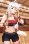  1girl absurdres animal_ears ass_visible_through_thighs bangs bike_shorts bra breasts gilmang gold_ship_(umamusume) highres horse_ears horse_girl horse_tail huge_filesize indoors large_breasts long_hair looking_at_viewer pink_eyes red_bra silver_hair solo sports_bra sportswear stomach sweat tail towel towel_around_neck twitter_username umamusume underwear 