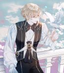 1boy bird bird_on_hand blonde_hair brown_eyes clouds cloudy_sky ea_ateu earrings highres jewelry light_smile long_sleeves looking_at_animal original short_hair sitting sitting_on_stairs sky solo stairs 