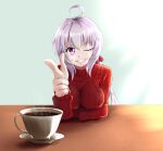 1girl ahoge blaze_pso2 blue_background blush breasts coffee coffee_mug cup hair_ribbon highres large_breasts long_hair looking_at_viewer mug one_eye_closed red_sweater ribbon senki_zesshou_symphogear shiny shiny_hair silver_hair simple_background smile solo sweater violet_eyes yukine_chris 
