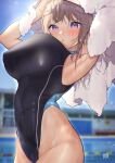  1girl :o arched_back armpits arms_up bare_hips blush breasts brown_hair competition_swimsuit drying drying_hair highleg highleg_swimsuit highres karinto_yamada large_breasts looking_at_viewer one-piece_swimsuit original pool skin_tight skindentation solo swimsuit towel violet_eyes 