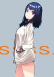  1girl absurdres blue_eyes blue_hair closed_mouth cowboy_shot from_side grey_background gridman_universe hands_in_pockets highres jacket long_sleeves looking_at_viewer looking_to_the_side open_clothes open_jacket reiga_(act000) solo ssss.gridman standing takarada_rikka white_jacket 