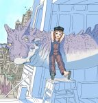  1girl :d blue_sky brown_hair commentary day dinosaur english_commentary green_headwear hat jumpsuit ladder open_mouth original outdoors sandals sky smile solo y_naf 