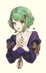  1girl alternate_hairstyle bangs black_dress bow dress english_commentary fire_emblem fire_emblem:_three_houses flayn_(fire_emblem) garreg_mach_monastery_uniform green_eyes green_hair hair_ornament hands_together highres long_sleeves looking_at_viewer open_mouth short_hair solo upper_body velahka yellow_background 