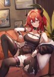  1girl absurdres arknights bare_shoulders commentary dress ema_(kuguiema) highres horns infection_monitor_(arknights) long_hair looking_at_viewer painting_(object) pantyhose short_dress sitting smile solo surtr_(arknights) thigh_strap violet_eyes 