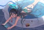  1girl absurdres alternate_costume arisu_(blue_archive) blue_archive blue_eyes blush dark_blue_hair drinking hair_between_eyes halo headband highres hose long_hair looking_at_viewer peroro_(blue_archive) playing_games solo swimsuit very_long_hair water wet 