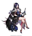  1girl bare_shoulders bird black_gloves black_hair blue_bird blue_hair breasts choker crossed_legs dress eyebrows_visible_through_hair feathered_cape feathers floating frilled_choker frilled_dress frills gloves hair_ornament high_heels highres lentain long_hair multicolored_hair official_art red_eyes redhead sitting sleeveless sword weapon white_background wild_girls 