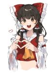  1girl :d ascot bangs bare_shoulders blush_stickers bow brown_eyes brown_hair commentary_request cropped_torso detached_sleeves eyebrows_visible_through_hair finger_heart frilled_bow frilled_hair_tubes frills gominami hair_bow hair_tubes hakurei_reimu heart heart_hands highres long_hair long_sleeves looking_at_viewer midriff open_mouth red_bow red_vest round_teeth sidelocks simple_background smile solo teeth touhou upper_teeth vest white_background wide_sleeves yellow_neckwear 