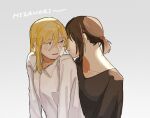  2girls blonde_hair blush brown_hair christa_renz closed_mouth collarbone commentary_request freckles hair_between_eyes long_hair multiple_girls okitara_(artist) parted_lips shingeki_no_kyojin short_hair short_ponytail ymir_(shingeki_no_kyojin) yuri 