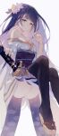  1girl absurdres bangs bare_shoulders blunt_bangs breasts dated full_body genshin_impact highres japanese_clothes kimono long_hair looking_at_viewer mole mole_under_eye purple_hair raiden_(genshin_impact) slippers smile solo swkl:d sword thigh-highs violet_eyes weapon 