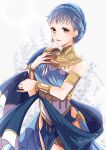  1girl alternate_costume armlet armor blue_dress blue_hair bracelet braid brown_eyes commentary_request crown_braid dancer dancer_(three_houses) dress earrings eyebrows_visible_through_hair fingernails fire_emblem fire_emblem:_three_houses fire_emblem_heroes hand_on_own_chest highres jewelry lips looking_at_viewer marianne_von_edmund official_alternate_costume parted_lips pink_lips shawl short_hair shoulder_armor sleeveless sleeveless_dress smile solo twitter_username yutohiroya 