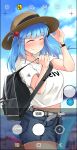  1girl absurdres bag belt black_bag blue_hair blue_shorts blue_sky blurry blurry_background closed_eyes clothes_writing clouds cloudy_sky cowboy_shot day denim denim_shorts depth_of_field facing_viewer flanvia hair_bobbles hair_ornament hand_on_headwear hat highres holding holding_bag kawashiro_nitori long_hair midriff navel outdoors phone_screen print_shirt shirt short_shorts short_sleeves shorts sky smile solo standing straw_hat touhou watch watch white_belt white_shirt 
