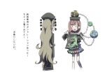  2girls bangs bare_shoulders black_choker black_dress black_eyes black_headwear black_neckwear black_shirt blonde_hair brown_headwear chain chinese_clothes choker closed_mouth dress earth_(ornament) eyebrows_visible_through_hair green_skirt hands_up hat hecatia_lapislazuli highres junko_(touhou) long_hair long_sleeves looking_at_another medium_hair moon_(ornament) multicolored multicolored_clothes multicolored_skirt multiple_girls off_shoulder open_mouth otomeza_ryuseigun polos_crown pom_pom_(clothes) purple_skirt red_skirt redhead shirt simple_background skirt smile t-shirt touhou white_background 