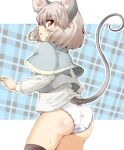 1girl animal_ears ass bangs black_legwear blush bow bow_panties capelet commentary_request contrapposto cowboy_shot eyebrows_visible_through_hair grey_hair grey_vest highres layered_clothing long_sleeves looking_at_viewer looking_down mepikari mouse_ears mouse_girl mouse_tail nazrin no_pants open_mouth panties red_eyes shirt short_hair solo tail tail_raised thigh-highs touhou underwear vest white_panties white_shirt