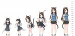  2girls :d :o absurdres aina_(mao_lian) animal_ear_fluff animal_ears arms_at_sides bag bare_arms bare_shoulders black_bow black_dress black_footwear black_hair black_neckwear black_skirt blue_bow blue_eyes blue_footwear blue_neckwear blue_vest blush book bow bowtie brown_footwear brown_hair cat_ears cat_tail child closed_mouth collared_shirt dot_nose dragon_girl dragon_horns dragon_tail dragon_wings dress from_behind full_body hands_on_own_knees height_chart high-waist_skirt highres holding holding_book horns long_hair looking_at_viewer looking_back mao_lian_(nekokao) miniskirt multiple_girls multiple_views musical_note open_mouth original pigeon-toed pleated_skirt pointy_ears pouch shirt shoes sideways_glance skirt sleeveless sleeveless_shirt slit_pupils smile solo standing tail tail_raised very_long_hair vest white_shirt wind wind_lift wing_collar wings 