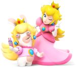 3d ;) blonde_hair blue_eyes cellphone commentary crown dress elbow_gloves english_commentary gloves holding holding_phone long_dress long_hair mario_+_rabbids_kingdom_battle official_art one_eye_closed phone pink_dress princess_peach puffy_short_sleeves puffy_sleeves rabbid rabbid_peach raving_rabbids short_sleeves smartphone smile super_mario_bros. third-party_edit transparent_background v white_gloves