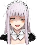  1girl :d bangs blunt_bangs blush flanvia green_eyes looking_at_viewer maid maid_headdress messy_hair open_mouth original portrait simple_background smile solo white_background 
