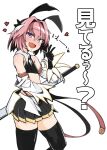  1boy :d astolfo_(fate) black_gloves black_legwear crossdressinging detached_sleeves fang fate/grand_order fate_(series) flanvia gloves hand_up heart highres long_sleeves looking_at_viewer miniskirt open_mouth otoko_no_ko pink_hair pleated_skirt skin_fang skirt smile sword thigh-highs translation_request violet_eyes weapon white_background 