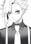  1girl absurdres closed_mouth collared_shirt ear_piercing greyscale highres leo_(reiga) looking_at_viewer monochrome necktie original piercing reiga_(act000) shirt short_hair simple_background solo upper_body white_background wing_collar 